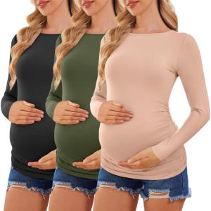 Ekouaer Womens Maternity Shirts Boat Neck 3 Packs Pregnancy Tops Long Sleeve Tunic Tees Casual Blouse New Mama Clothes S-XXL(Black/Dirty Pink/Army Green)