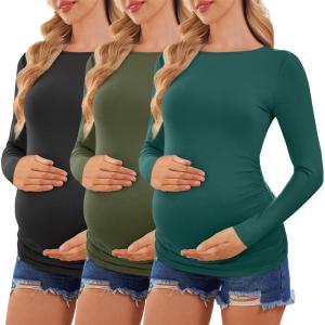 Ekouaer Womens Maternity Shirts Boat Neck 3 Packs Pregnancy Tops Long Sleeve Tunic Tees Casual Blouse New Mama Clothes S-XXL(Black/Lake Green/Army Green)