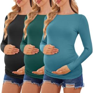 Ekouaer Womens Maternity Shirts Boat Neck 3 Packs Pregnancy Tops Long Sleeve Tunic Tees Casual Blouse New Mama Clothes S-XXL(Black/Lake Green/Blue Green)