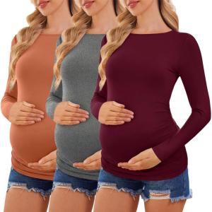 Ekouaer Womens Maternity Shirts Boat Neck 3 Packs Pregnancy Tops Long Sleeve Tunic Tees Casual Blouse New Mama Clothes S-XXL(Dark Grey/Dark Red/Caramel)