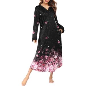 Ekouaer Womens Nightgown Long Loungewear V Neck Nightshirt Sleepwear Full Length Sleepshirt with Pockets(Black Pink Flower)