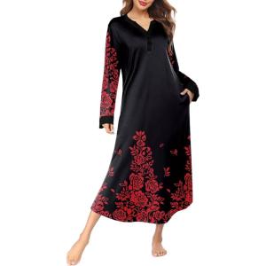 Ekouaer Womens Nightgown Long Loungewear V Neck Nightshirt Sleepwear Full Length Sleepshirt with Pockets(Black Red Flower)
