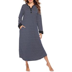 Ekouaer Womens Nightgown Long Loungewear V Neck Nightshirt Sleepwear Full Length Sleepshirt with Pockets(Black Stripe)