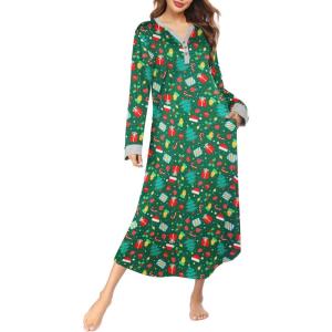 Ekouaer Womens Nightgown Long Loungewear V Neck Nightshirt Sleepwear Full Length Sleepshirt with Pockets(Christmas Green)