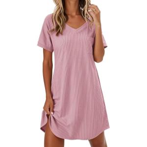 Ekouaer Womens Nightgowns Short Sleeve Sleepshirt V Neck Top Shirt Dress Soft Nightshirts Loose Loungewear S-3XL(Light Pink)