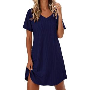 Ekouaer Womens Nightgowns Short Sleeve Sleepshirt V Neck Top Shirt Dress Soft Nightshirts Loose Loungewear S-3XL(Navy Blue)