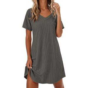 Ekouaer Womens Nightgowns Short Sleeve Sleepshirt V Neck Top Shirt Dress Soft Nightshirts Loose Loungewear S-3XL(Tea Gray)