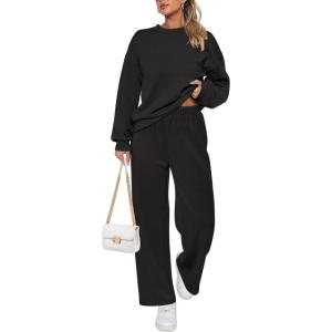 Ekouaer Womens Pajama Sets Fuzzy Fleece Long Sleeve Sleepwear Comfy Pjs 2 Piece Lounge Set Nightwear with Poeckts S-XXL(Black)