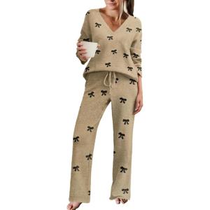 Ekouaer Womens Pajama Sets Fuzzy Fleece Sleepwear Long Sleeve Pjs 2 Piece Lounge Set Fall Outfits Sweater Nightwear S-XXL(Bow)
