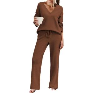 Ekouaer Womens Pajama Sets Fuzzy Fleece Sleepwear Long Sleeve Pjs 2 Piece Lounge Set Fall Outfits Sweater Nightwear S-XXL(Brown)