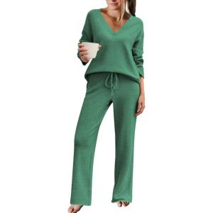Ekouaer Womens Pajama Sets Fuzzy Fleece Sleepwear Long Sleeve Pjs 2 Piece Lounge Set Fall Outfits Sweater Nightwear S-XXL(Green)