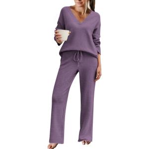 Ekouaer Womens Pajama Sets Fuzzy Fleece Sleepwear Long Sleeve Pjs 2 Piece Lounge Set Fall Outfits Sweater Nightwear S-XXL(Purple)