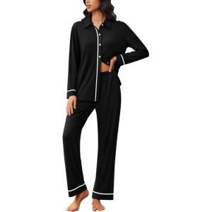 Ekouaer Womens Pajama Sets Long Sleeve Sleepwear Soft Button Down Pjs 2 Piece Loungewear witn Pants S-XXL(Black)