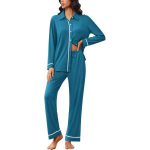 Ekouaer Womens Pajama Sets Long Sleeve Sleepwear Soft Button Down Pjs 2 Piece Loungewear witn Pants S-XXL(Blue Green)