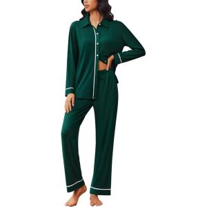 Ekouaer Womens Pajama Sets Long Sleeve Sleepwear Soft Button Down Pjs 2 Piece Loungewear witn Pants S-XXL(Green)