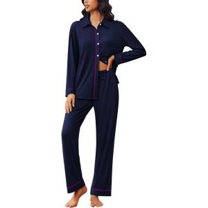 Ekouaer Womens Pajama Sets Long Sleeve Sleepwear Soft Button Down Pjs 2 Piece Loungewear witn Pants S-XXL(Navy)