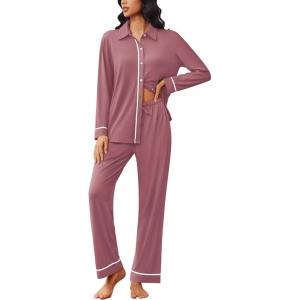 Ekouaer Womens Pajama Sets Long Sleeve Sleepwear Soft Button Down Pjs 2 Piece Loungewear witn Pants S-XXL(Old Rose)