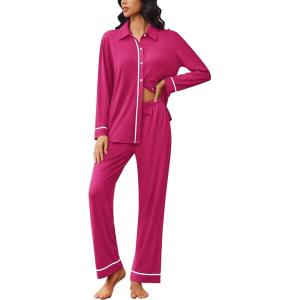 Ekouaer Womens Pajama Sets Long Sleeve Sleepwear Soft Button Down Pjs 2 Piece Loungewear witn Pants S-XXL(Rose)