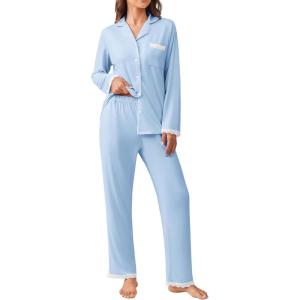 Ekouaer Womens Pajamas Set Long Sleeve Sleepwear Button Down Lounge Set 2 Pieces Soft Nightwear Lace Pjs Set(Clear Blue)