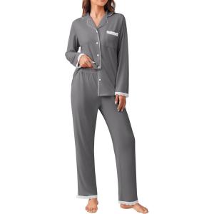 Ekouaer Womens Pajamas Set Long Sleeve Sleepwear Button Down Lounge Set 2 Pieces Soft Nightwear Lace Pjs Set(Deep Grey)