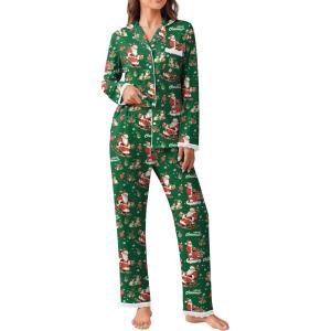 Ekouaer Womens Pajamas Set Long Sleeve Sleepwear Button Down Lounge Set 2 Pieces Soft Nightwear Lace Pjs Set(Green Santa Chair)
