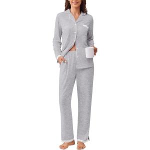 Ekouaer Womens Pajamas Set Long Sleeve Sleepwear Button Down Lounge Set 2 Pieces Soft Nightwear Lace Pjs Set(Light Grey)