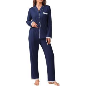 Ekouaer Womens Pajamas Set Long Sleeve Sleepwear Button Down Lounge Set 2 Pieces Soft Nightwear Lace Pjs Set(Navy Blue)