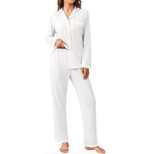 Ekouaer Womens Pajamas Set Long Sleeve Sleepwear Button Down Lounge Set 2 Pieces Soft Nightwear Lace Pjs Set(White)