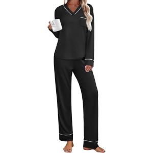 Ekouaer Women’s Pajamas Sets 2 piece PJs V Neck Long Sleeve Sleepwear Comfy Pants Loungewear with Pocket(Black)