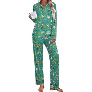 Ekouaer Women’s Pajamas Sets 2 piece PJs V Neck Long Sleeve Sleepwear Comfy Pants Loungewear with Pocket(Christmas Green Elf)