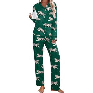 Ekouaer Women’s Pajamas Sets 2 piece PJs V Neck Long Sleeve Sleepwear Comfy Pants Loungewear with Pocket(Green Tiger)