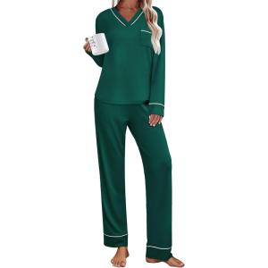 Ekouaer Women’s Pajamas Sets 2 piece PJs V Neck Long Sleeve Sleepwear Comfy Pants Loungewear with Pocket(Lake Green)