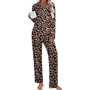 Ekouaer Women’s Pajamas Sets 2 piece PJs V Neck Long Sleeve Sleepwear Comfy Pants Loungewear with Pocket(Leopard)