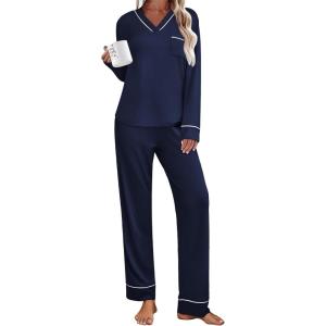 Ekouaer Women’s Pajamas Sets 2 piece PJs V Neck Long Sleeve Sleepwear Comfy Pants Loungewear with Pocket(Navy Blue)