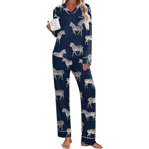 Ekouaer Women’s Pajamas Sets 2 piece PJs V Neck Long Sleeve Sleepwear Comfy Pants Loungewear with Pocket(Navy Zebra)