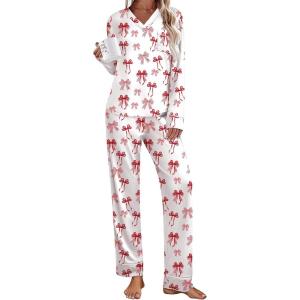 Ekouaer Women’s Pajamas Sets 2 piece PJs V Neck Long Sleeve Sleepwear Comfy Pants Loungewear with Pocket(Red Bow)