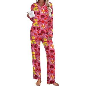 Ekouaer Women’s Pajamas Sets 2 piece PJs V Neck Long Sleeve Sleepwear Comfy Pants Loungewear with Pocket(Rose Red Flower)