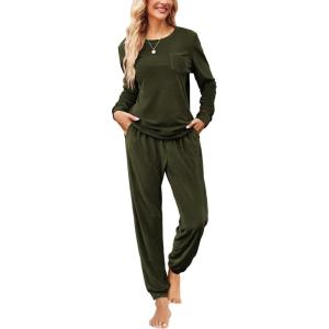 Ekouaer Womens Pajamas Sets Long Sleeve Soft Sleepwear 2 Piece Velvet Pjs Lounge Sets with Pockets(Army Green)