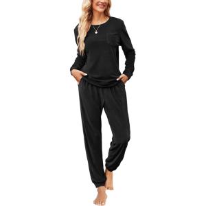 Ekouaer Womens Pajamas Sets Long Sleeve Soft Sleepwear 2 Piece Velvet Pjs Lounge Sets with Pockets(Black)
