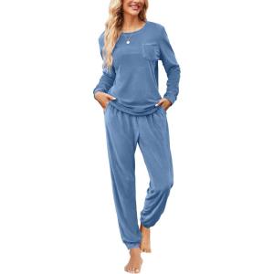 Ekouaer Womens Pajamas Sets Long Sleeve Soft Sleepwear 2 Piece Velvet Pjs Lounge Sets with Pockets(Blue)