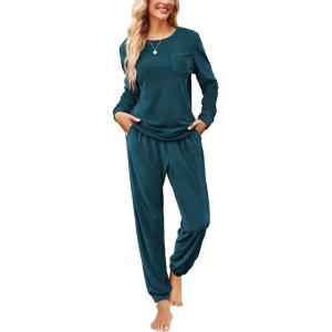 Ekouaer Womens Pajamas Sets Long Sleeve Soft Sleepwear 2 Piece Velvet Pjs Lounge Sets with Pockets(Blue Green)