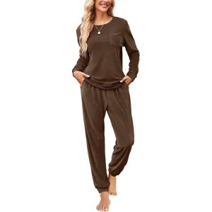 Ekouaer Womens Pajamas Sets Long Sleeve Soft Sleepwear 2 Piece Velvet Pjs Lounge Sets with Pockets(Brown)