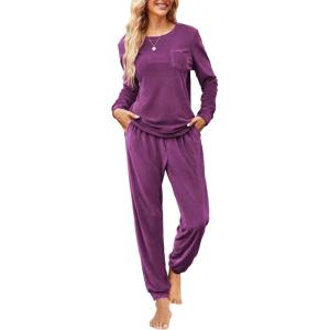 Ekouaer Womens Pajamas Sets Long Sleeve Soft Sleepwear 2 Piece Velvet Pjs Lounge Sets with Pockets(Deep Purple)
