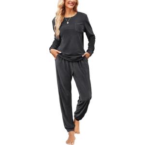 Ekouaer Womens Pajamas Sets Long Sleeve Soft Sleepwear 2 Piece Velvet Pjs Lounge Sets with Pockets(Grey)