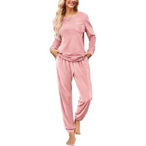 Ekouaer Womens Pajamas Sets Long Sleeve Soft Sleepwear 2 Piece Velvet Pjs Lounge Sets with Pockets(Hot Pink)