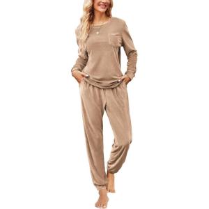 Ekouaer Womens Pajamas Sets Long Sleeve Soft Sleepwear 2 Piece Velvet Pjs Lounge Sets with Pockets(Khaki)