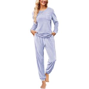Ekouaer Womens Pajamas Sets Long Sleeve Soft Sleepwear 2 Piece Velvet Pjs Lounge Sets with Pockets(Light Blue)