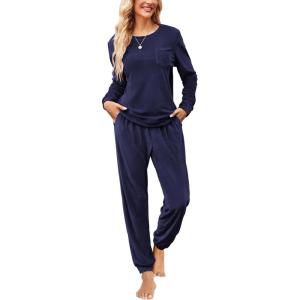 Ekouaer Womens Pajamas Sets Long Sleeve Soft Sleepwear 2 Piece Velvet Pjs Lounge Sets with Pockets(Navy Blue)