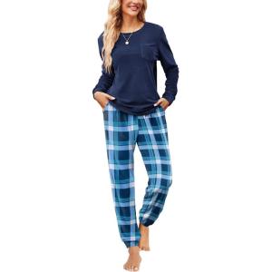 Ekouaer Womens Pajamas Sets Long Sleeve Soft Sleepwear 2 Piece Velvet Pjs Lounge Sets with Pockets(Plaid Blue)