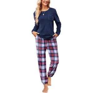 Ekouaer Womens Pajamas Sets Long Sleeve Soft Sleepwear 2 Piece Velvet Pjs Lounge Sets with Pockets(Plaid Navy)